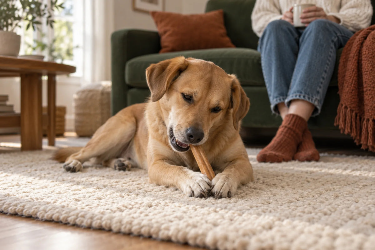 A tan mixed-breed dog lies on a cream rug chewing a collagen stick while her owner watches from the sofa, the scene behind the question are collagen chews safe for dogs.