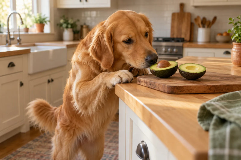 A young golden retriever sniffing a halved avocado with the pit on a kitchen cutting board, the part of the fruit dogs can't eat