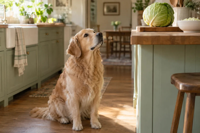 An adult golden retriever sits in a sunny kitchen looking up at a head of green cabbage, a question many owners ask: can dogs eat cabbage