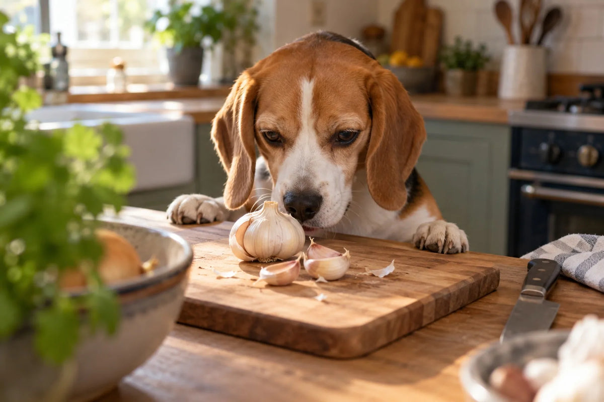 A young beagle with her front paws on a wooden kitchen counter sniffing a whole garlic bulb and loose cloves on a cutting board, the moment many owners wonder if dogs can eat garlic