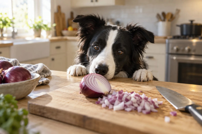 A young black-and-white border collie with her paws on the kitchen counter sniffing a halved red onion and chopped onion on a cutting board, the moment owners ask if dogs can eat onions
