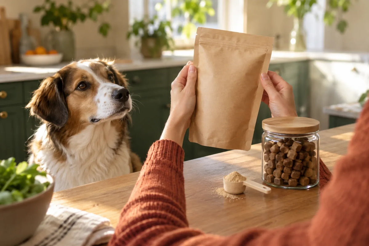 Dinovite for dogs reviews: hands compare an unlabeled powder pouch and a jar of soft chews while a brown-and-white dog watches