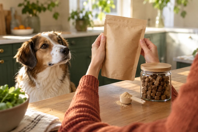 Dinovite for dogs reviews: hands compare an unlabeled powder pouch and a jar of soft chews while a brown-and-white dog watches