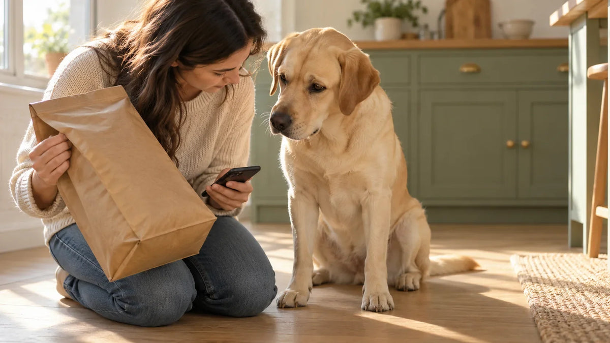 A woman checks the lot code on a plain kibble bag against the dog food recalls 2026 list while her adult yellow Labrador waits beside her