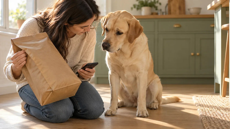 A woman checks the lot code on a plain kibble bag against the dog food recalls 2026 list while her adult yellow Labrador waits beside her