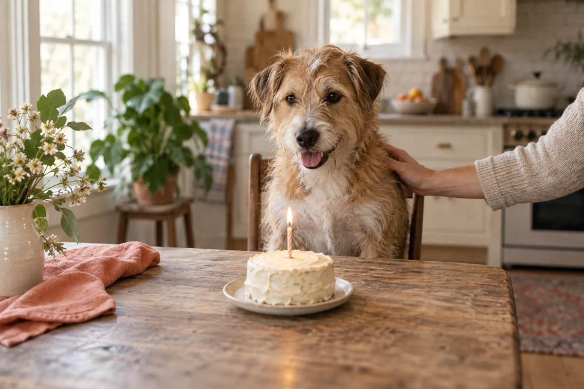 Dog years to human years: a scruffy tan and white mixed-breed dog sits at a kitchen table in front of a small birthday cake with one lit candle