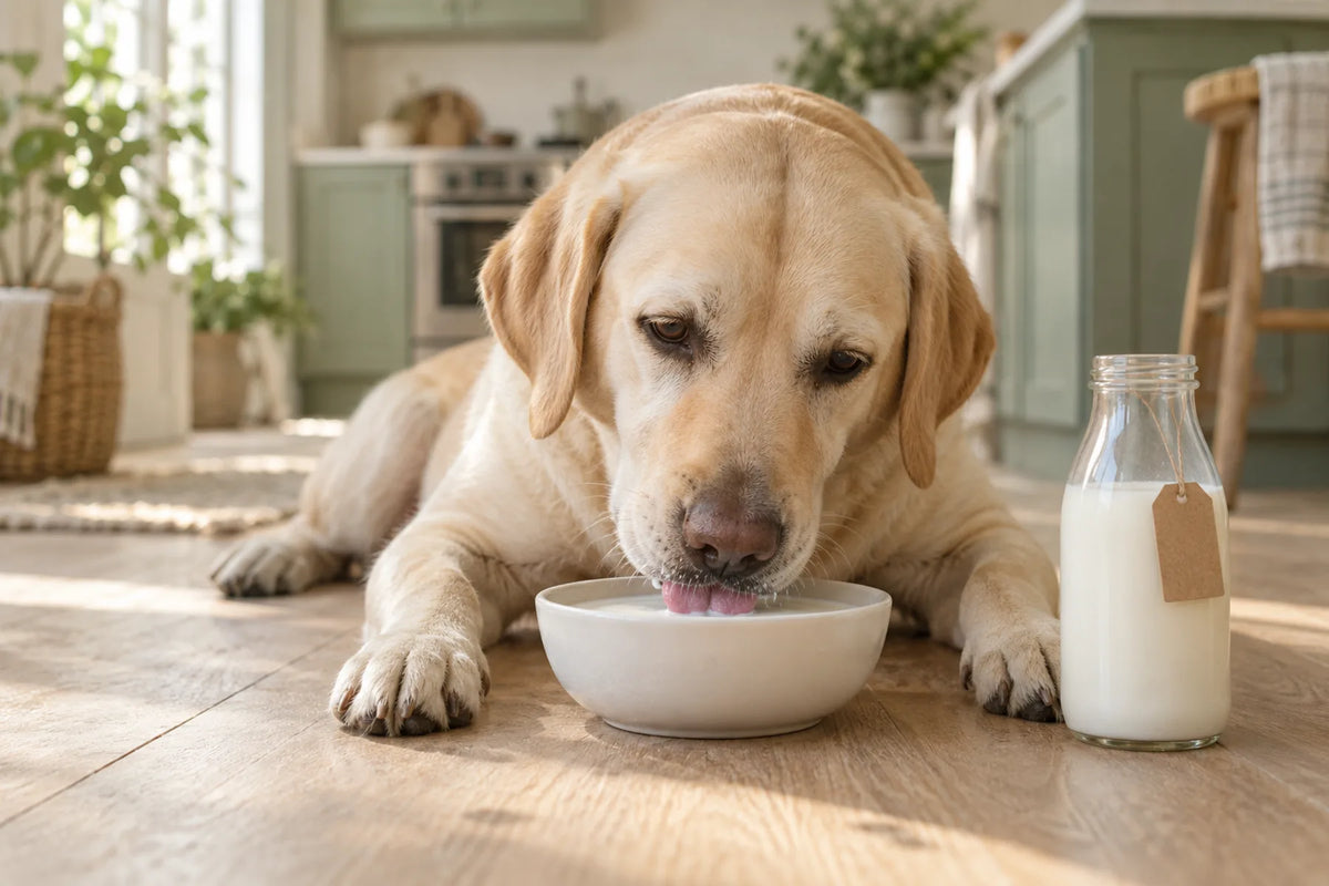 An adult yellow Labrador retriever lapping goat milk from a small white bowl on the kitchen floor, a common goat milk for dogs treat, with a glass milk bottle beside her