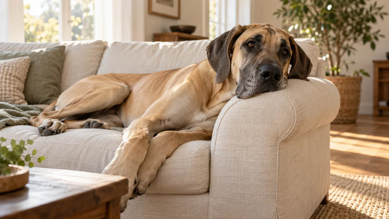 An adult fawn Great Dane stretched out on a living room couch, the breed whose lifespan is usually 8 to 10 years