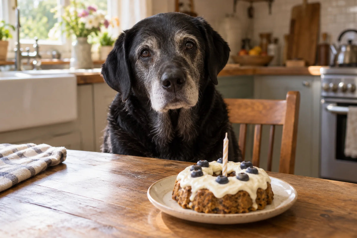 A grey-muzzled senior black Labrador sitting at the kitchen table in front of a homemade dog birthday cake with yogurt frosting and blueberries.