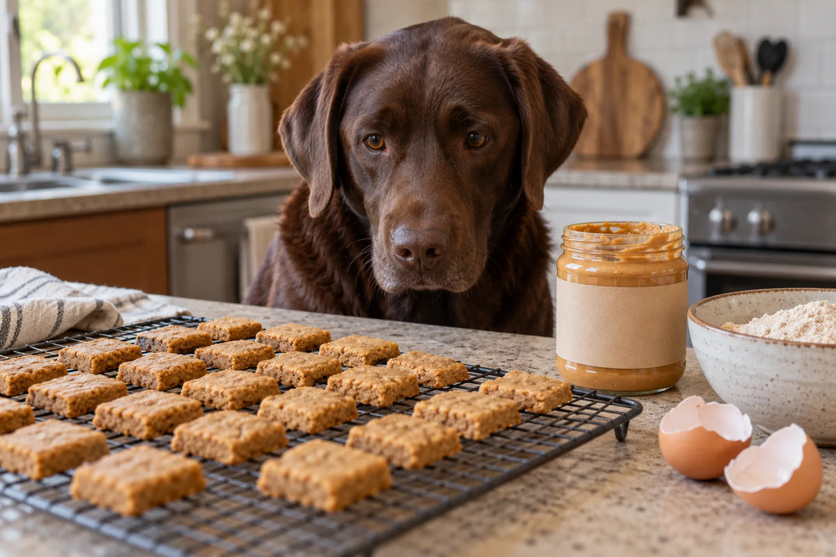 An adult chocolate Labrador retriever at a kitchen counter watching a cooling rack of small square homemade peanut butter dog treats beside an open jar of natural peanut butter, eggshells and a bowl of flour