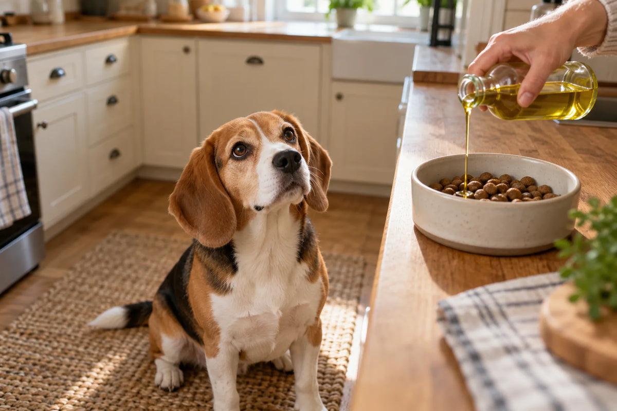 An adult beagle watching olive oil being drizzled over her kibble in a bright kitchen, a small amount being the question for dogs