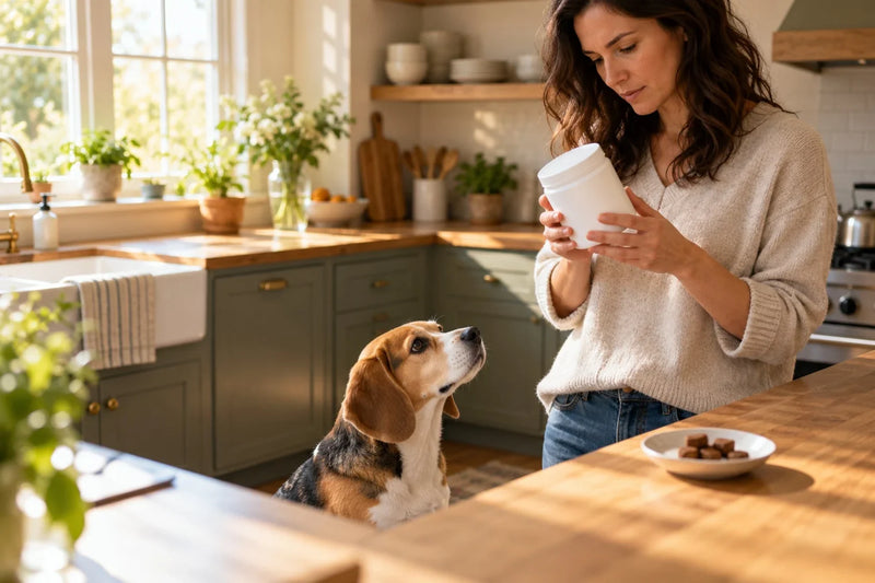 A woman reads the back of a plain soft chew jar at her kitchen counter while her adult beagle looks up, the kind of label check a Pawfy review starts with