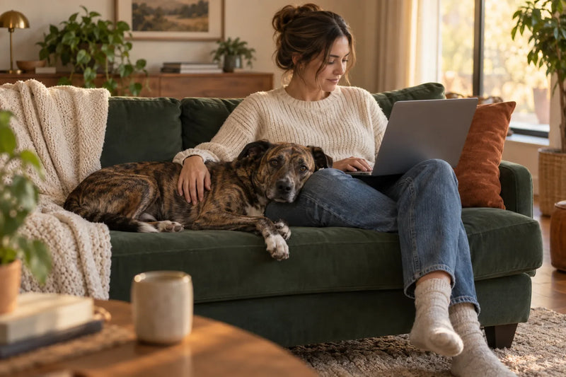 A woman reads up on peptides for dogs on her laptop while her brindle mixed-breed dog rests its head on her lap on a green sofa.