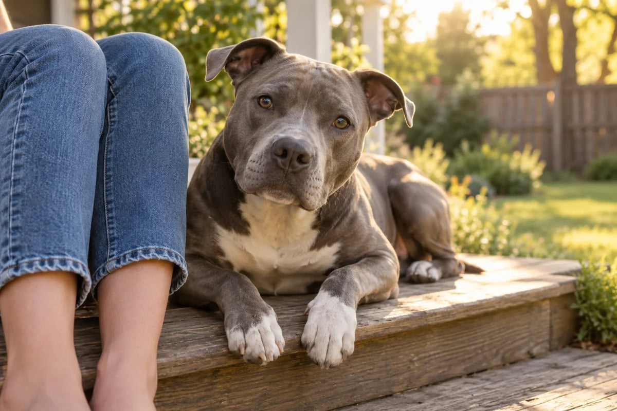 An adult blue-nose pit bull resting on a sunny porch step, the kind of healthy, lean dog the pit bull lifespan numbers describe