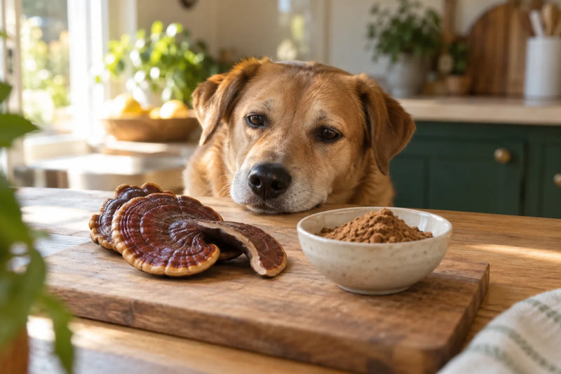 Reishi mushroom for dogs: a tan mixed-breed dog rests her chin on a kitchen counter next to dried reishi slices and a bowl of reishi powder