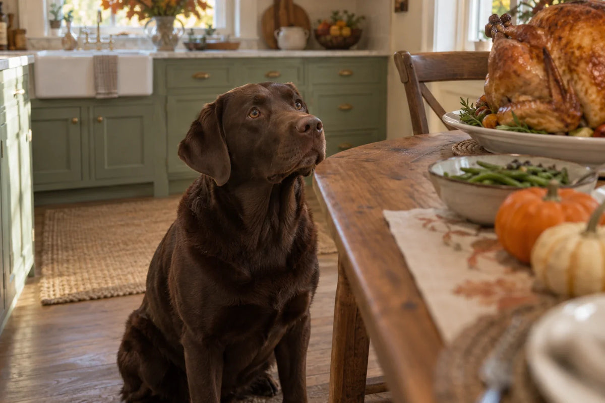 An adult chocolate Labrador sits beside a Thanksgiving table looking up at a roast turkey, wondering which Thanksgiving foods dogs can eat