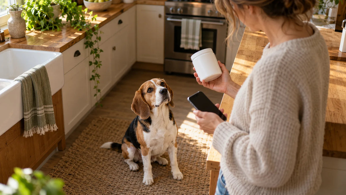 A woman checks the lot number on a plain canister of soft chews while her adult beagle watches, after reading about the Zesty Paws recall