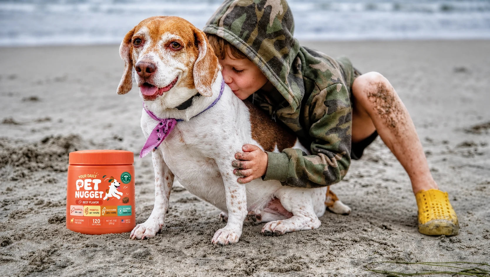 A child hugging a beagle on the beach, with a PetNugget jar on the sand beside them