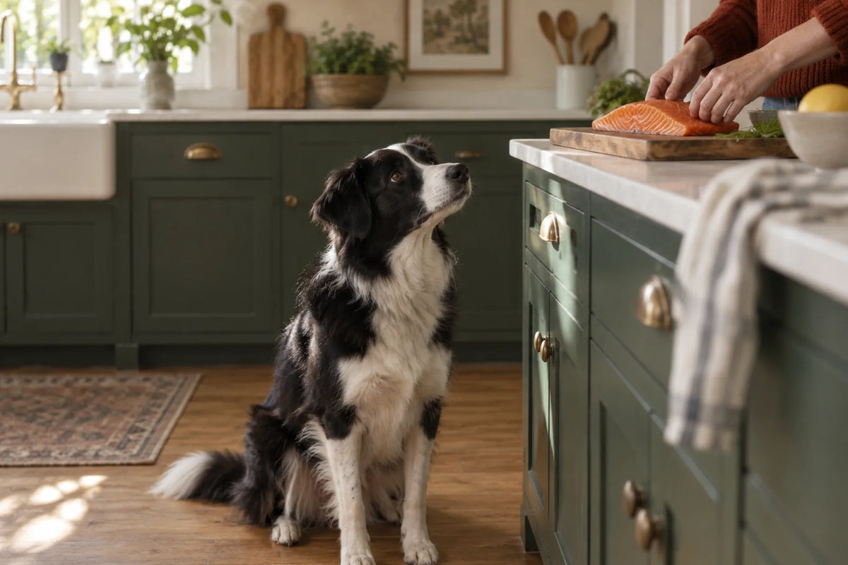 Astaxanthin for dogs: a border collie mix sits on the kitchen floor watching hands lay a pink salmon fillet on a cutting board