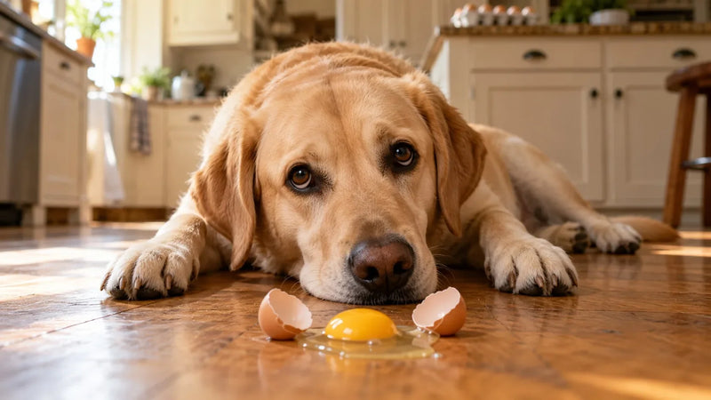 An adult yellow Labrador retriever lies on a kitchen floor beside a cracked raw egg, the kind of moment that makes owners ask if dogs can eat eggs