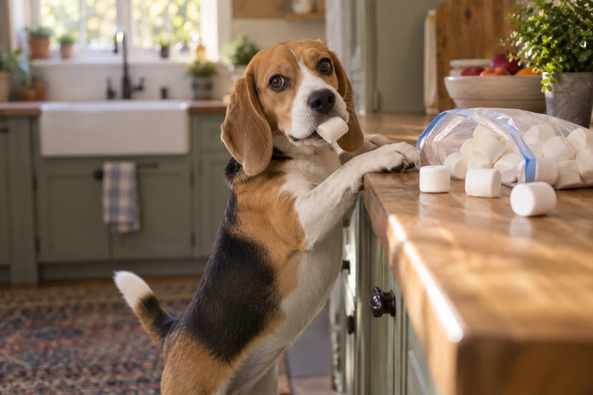 A young beagle up on her hind legs at a kitchen counter with a marshmallow in her mouth and an open bag of marshmallows tipped over beside her, the moment many owners ask if dogs can eat marshmallows