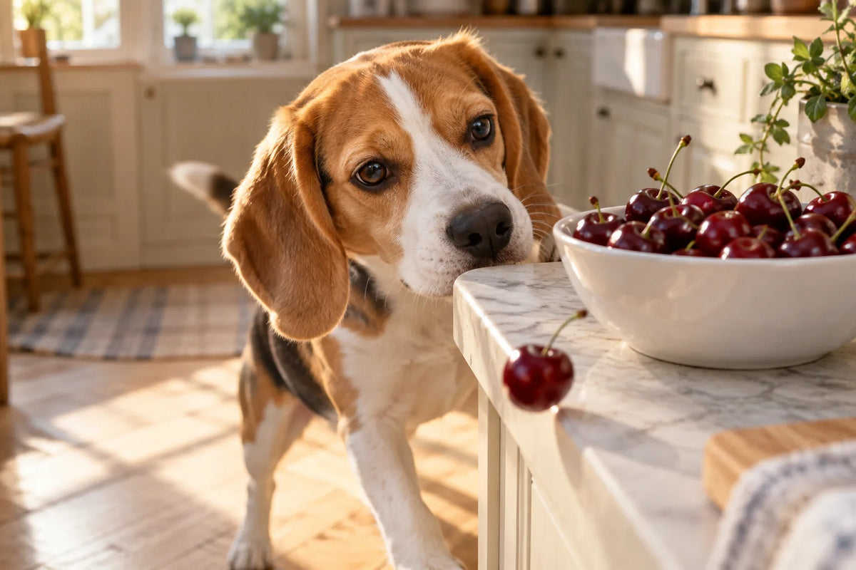 A young beagle sniffing a white bowl of fresh dark red cherries with stems on a sunny kitchen floor.