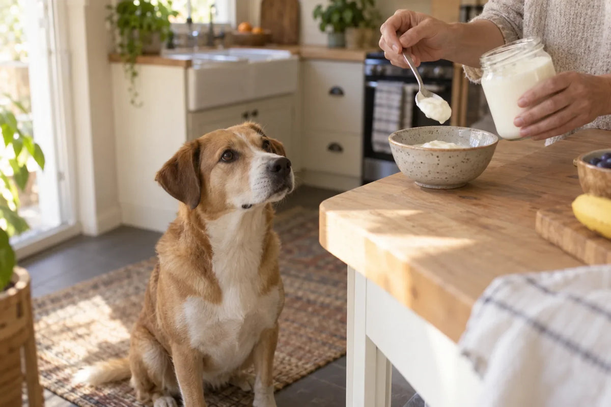 A tan and white dog watches her owner spoon plain Greek yogurt into a bowl in a sunny kitchen