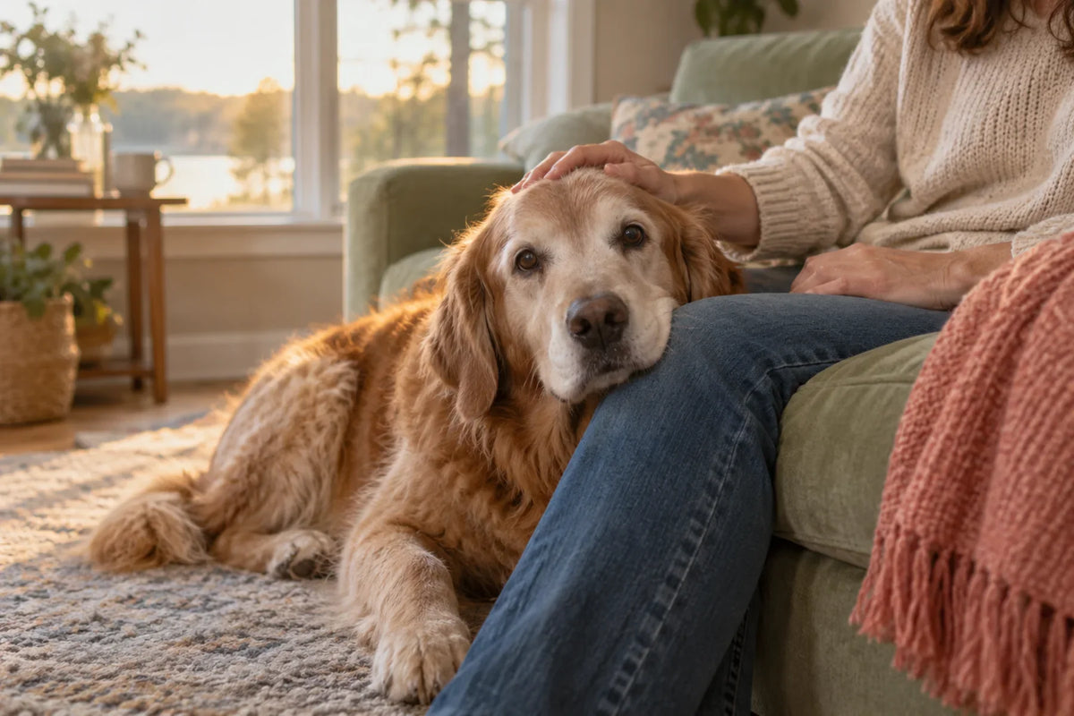 A senior golden retriever with a gray muzzle rests her head on her owner's knee, the kind of older dog the dog longevity drug LOY-002 is meant for.