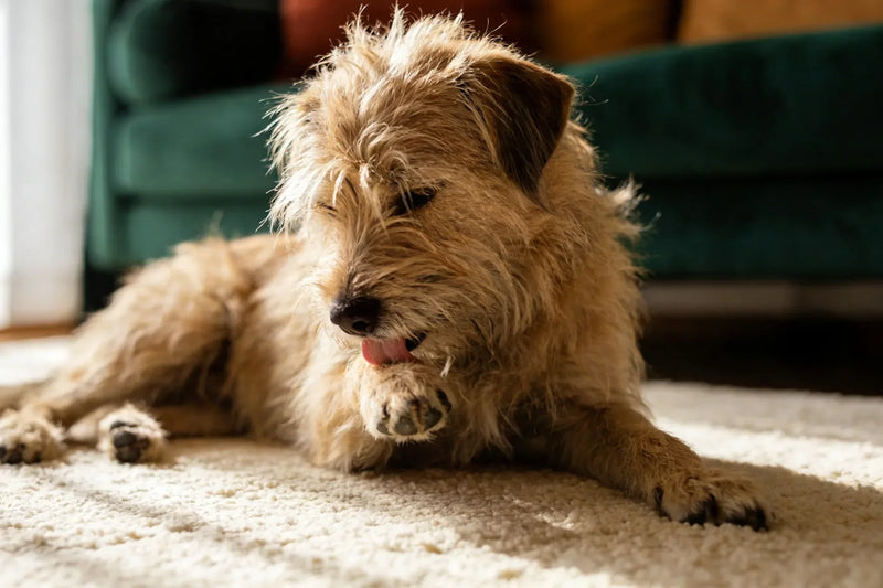 A scruffy terrier mix lying on a cream rug licks her front paw, a common sign that sends owners looking for a dog paw yeast infection home remedy.