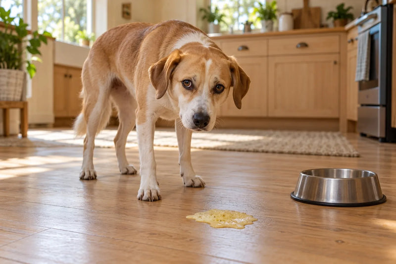 A mixed-breed dog looks up sheepishly next to a small puddle of yellow foam on the kitchen floor, a dog vomiting yellow bile before breakfast