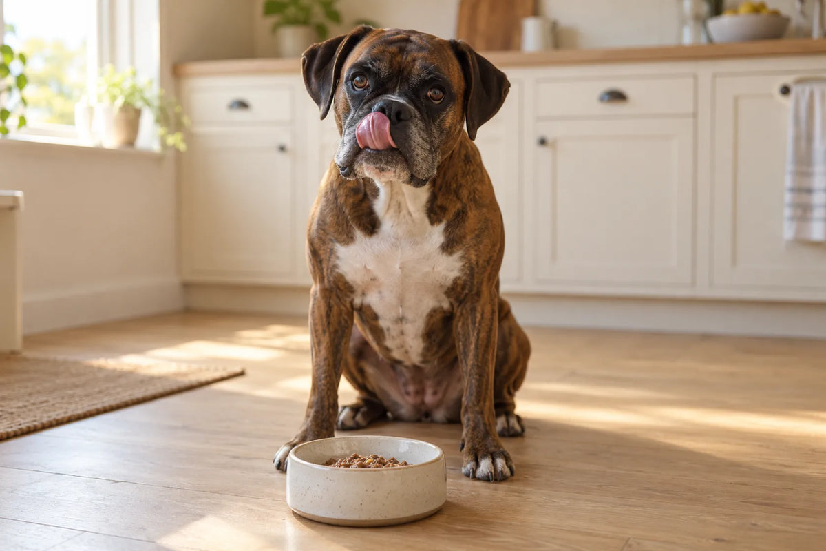 An adult brindle boxer licking her lips beside a small bowl of soft dog food, the kind of low-fat meal often suggested as dog food for acid reflux