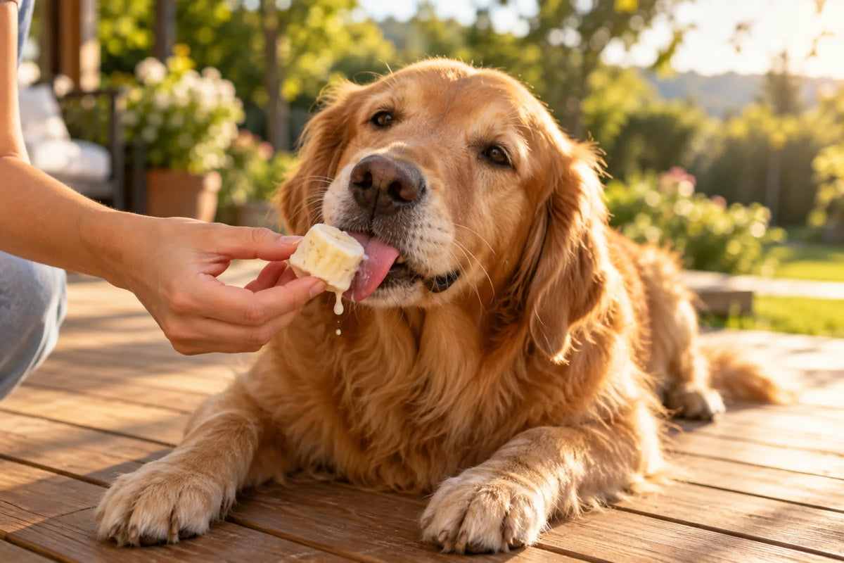 An adult golden retriever on a sunny deck licking a homemade frozen dog treat, a yogurt and banana cube held out by her owner.