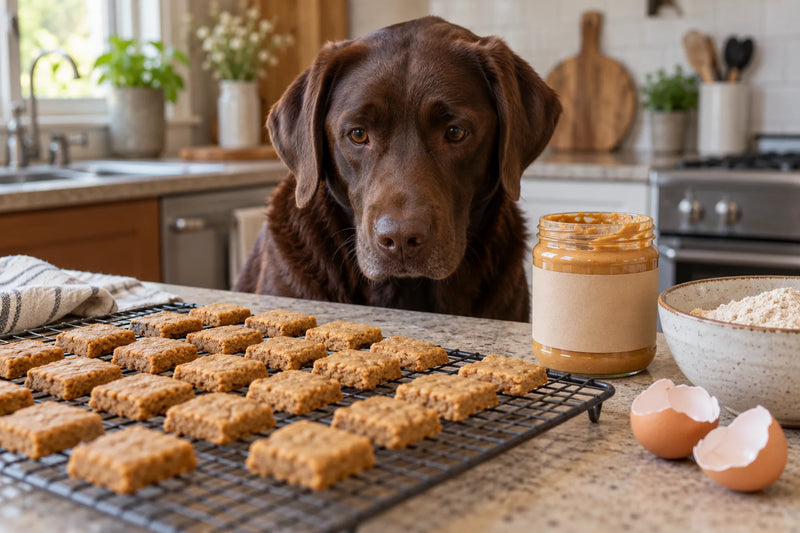 An adult chocolate Labrador retriever at a kitchen counter watching a cooling rack of small square homemade peanut butter dog treats beside an open jar of natural peanut butter, eggshells and a bowl of flour