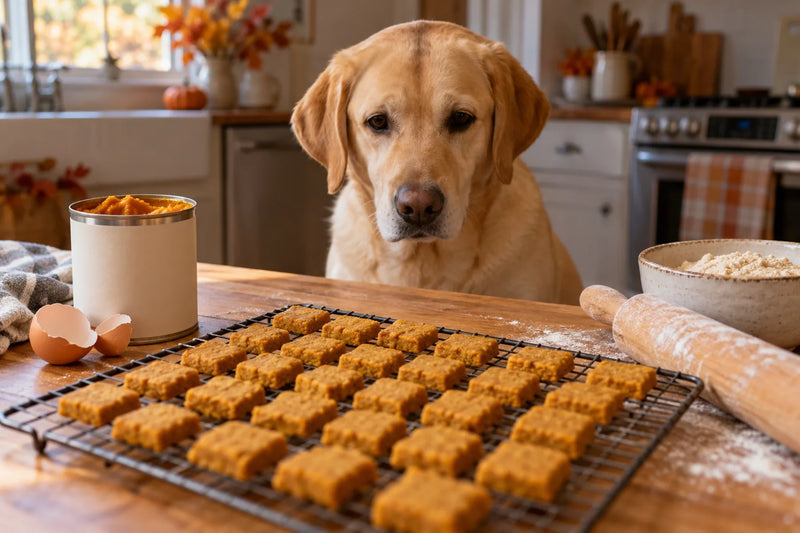 An adult yellow Labrador retriever sitting at a kitchen counter watching a cooling rack of small square homemade pumpkin dog treats beside a can of pumpkin, an eggshell and a bowl of flour