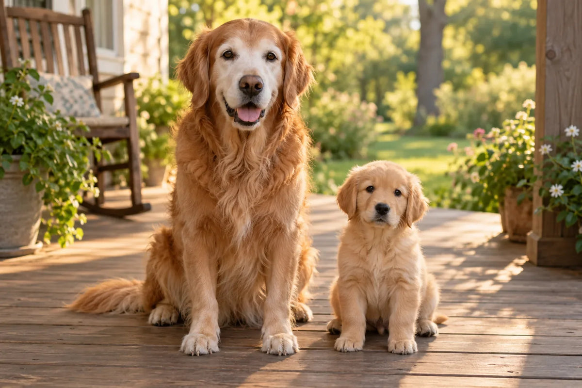 A grey-muzzled senior golden retriever sits beside a golden retriever puppy on a sunny porch, a picture of how long golden retrievers live from puppy to old age