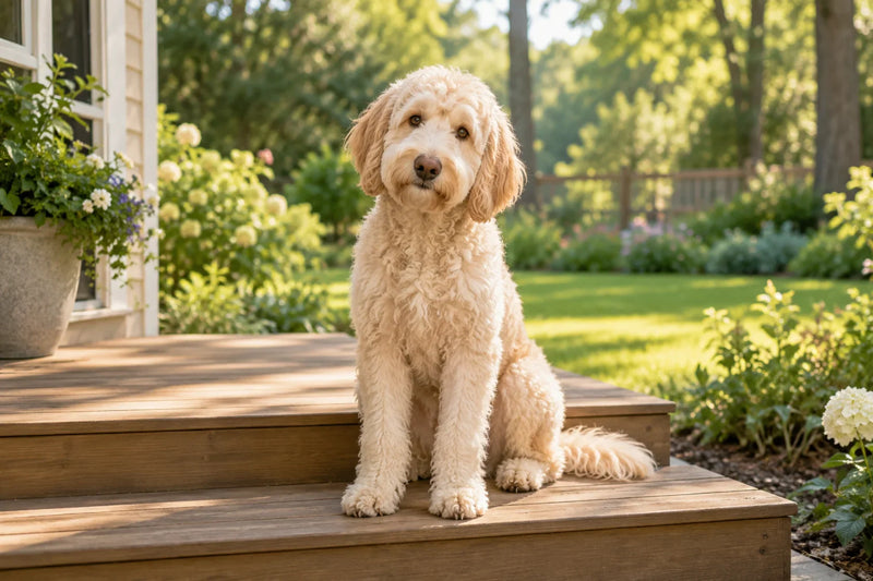 An adult cream standard labradoodle sitting on a sunny porch step, the healthy, lean kind of dog the labradoodle lifespan numbers describe