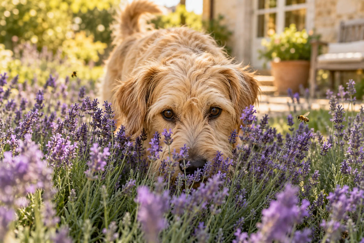 An adult wheaten mixed-breed terrier sniffing a blooming lavender border in a sunny backyard, the plant the ASPCA lists as toxic to dogs.