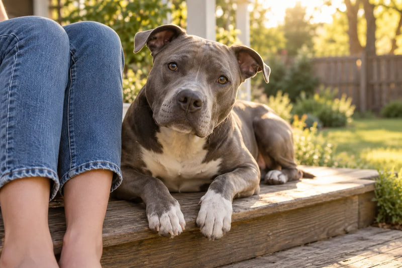 An adult blue-nose pit bull resting on a sunny porch step, the kind of healthy, lean dog the pit bull lifespan numbers describe