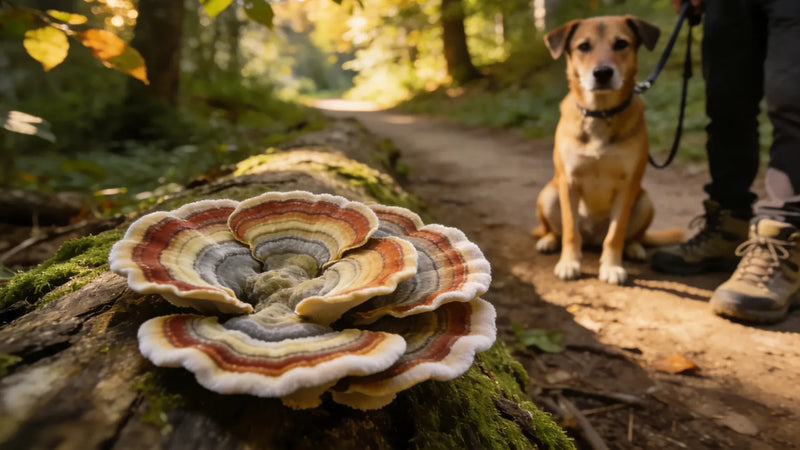 Turkey tail mushrooms growing in rings on a mossy log beside a forest trail, with a tan mixed-breed dog sitting on a leash in the background