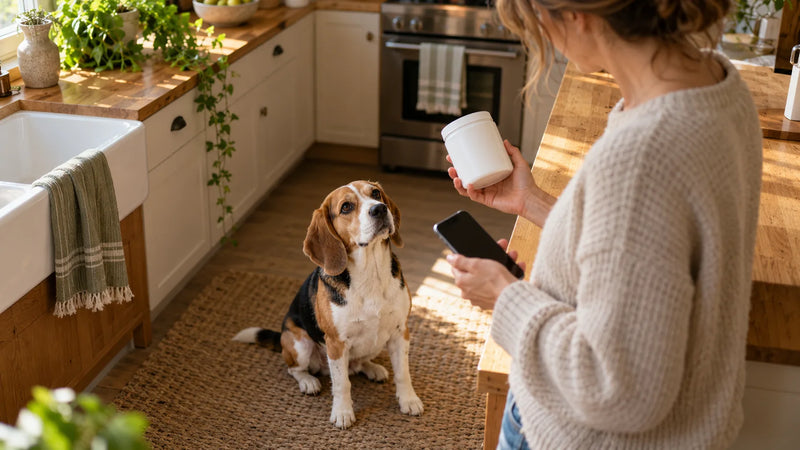 A woman checks the lot number on a plain canister of soft chews while her adult beagle watches, after reading about the Zesty Paws recall