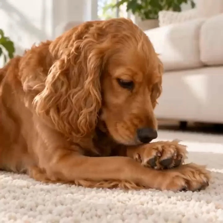A cocker spaniel lowers her muzzle toward a front paw at home.