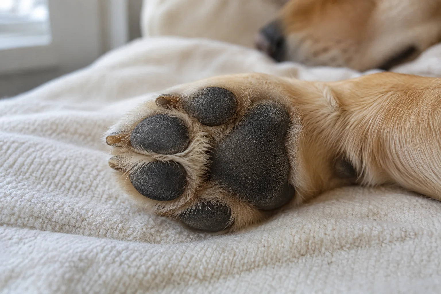 A close view of a relaxed dog’s paw pads resting on a cream blanket.