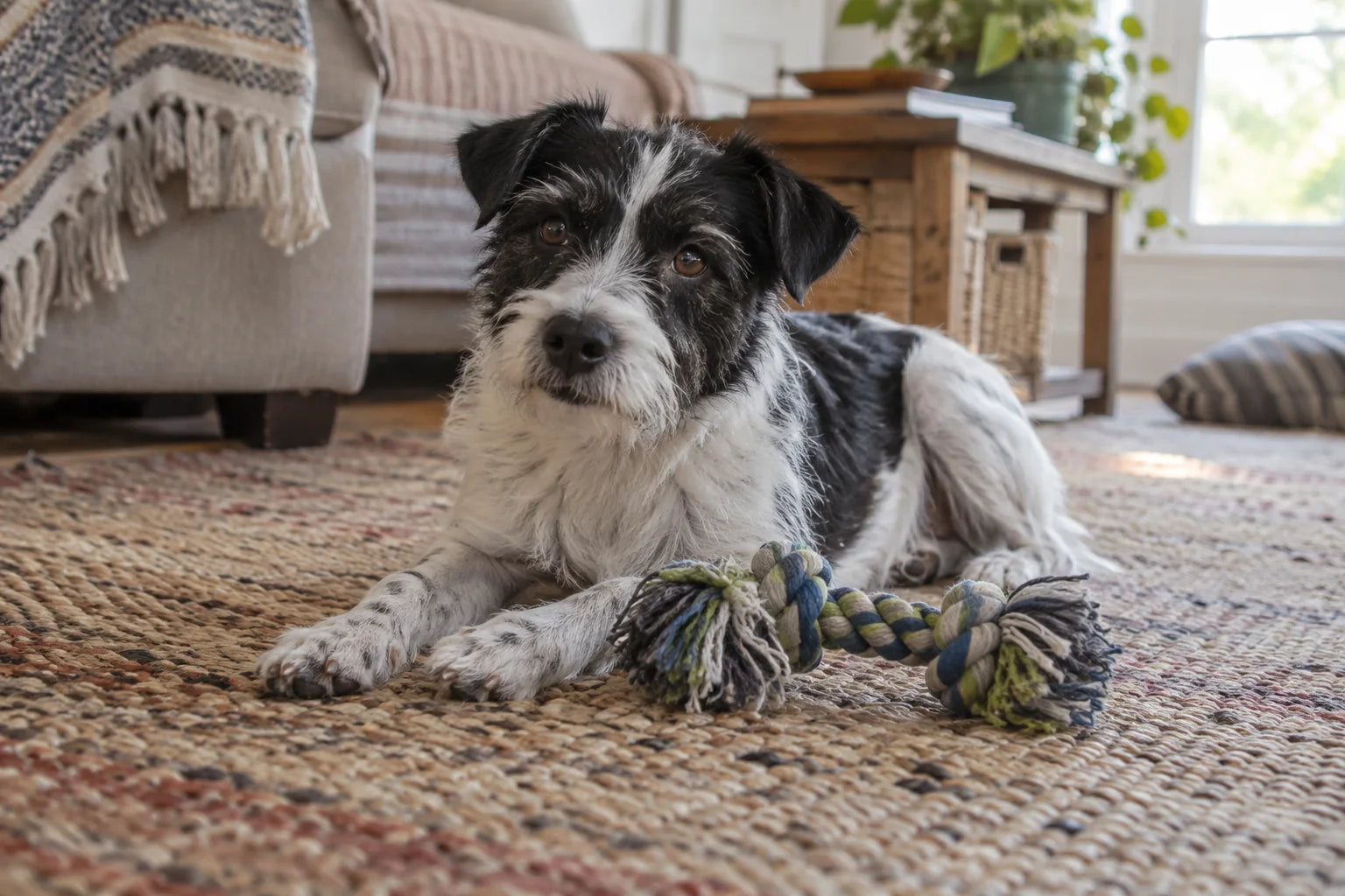 A black-and-white terrier rests on a rug beside a rope toy.