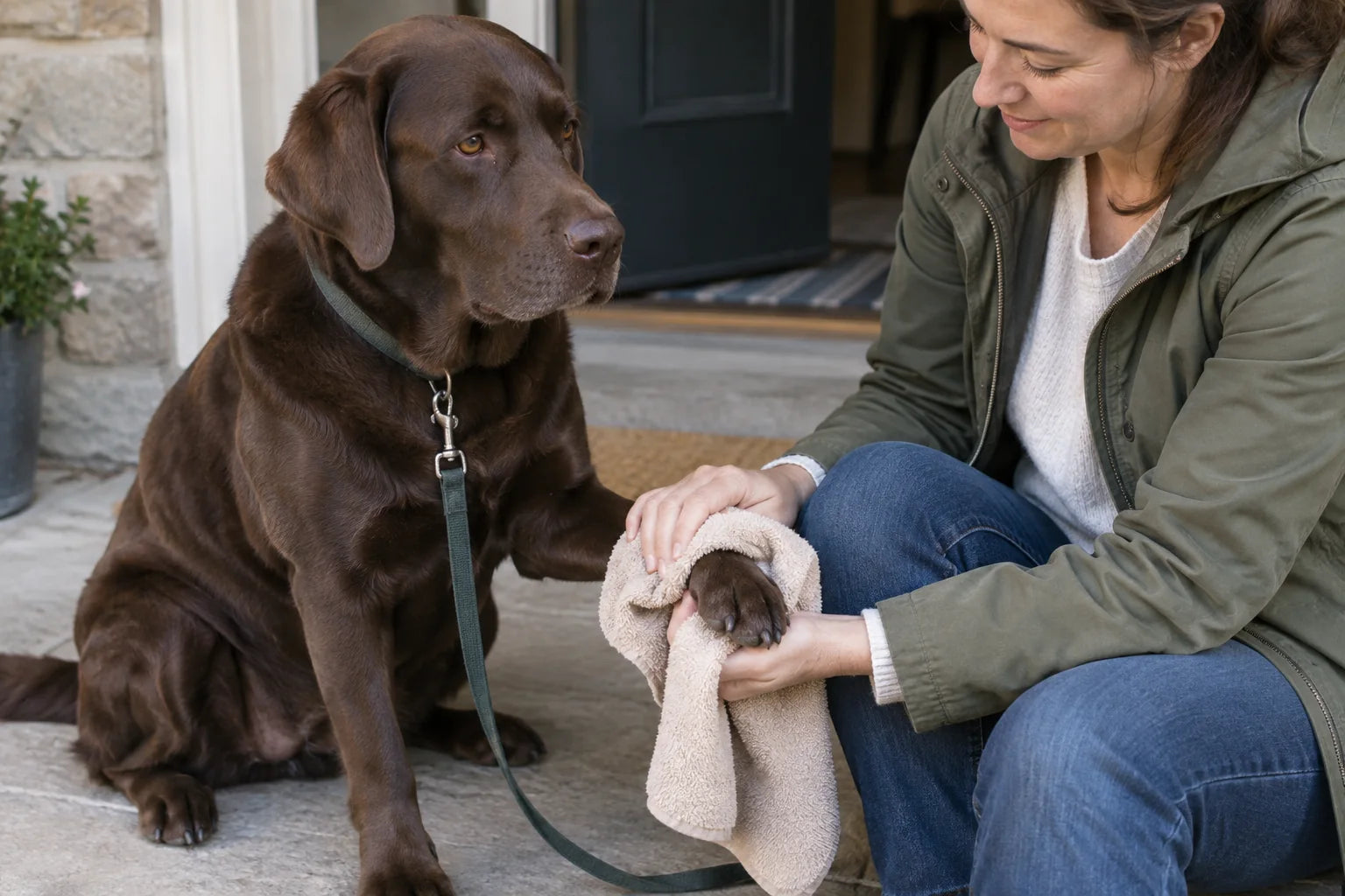 An owner gently dries a chocolate Labrador’s front paw with a towel.
