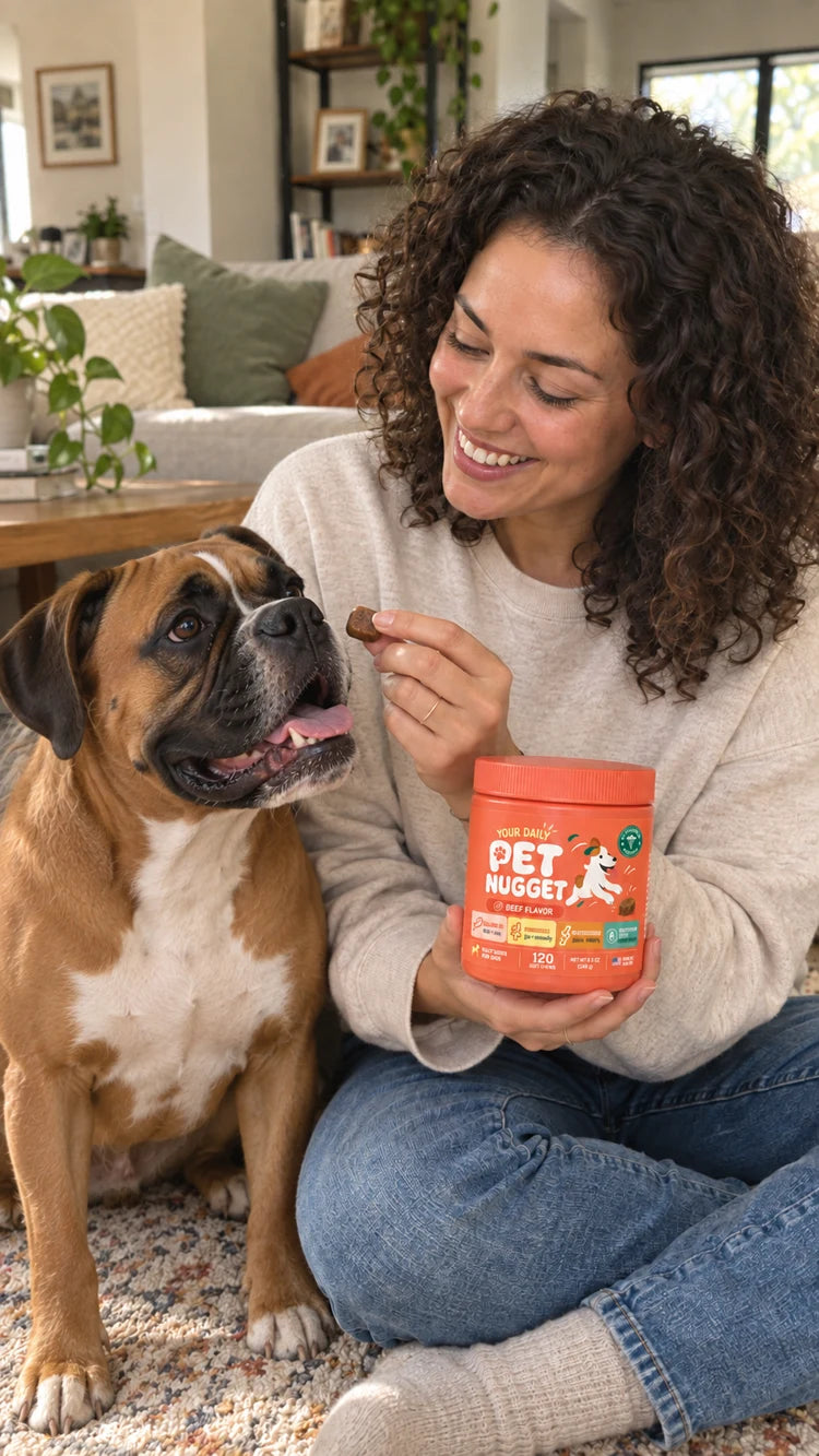 Illustrative lifestyle photo of a woman feeding her boxer with a PetNugget jar