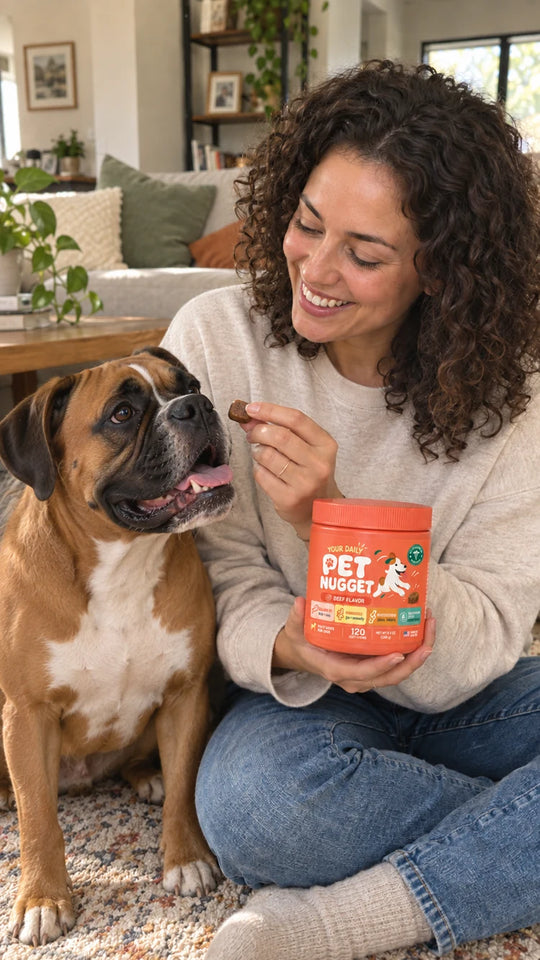 Illustrative lifestyle photo of a woman feeding her boxer with a PetNugget jar