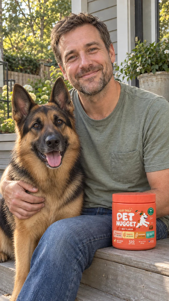 Illustrative lifestyle photo of a man and German Shepherd beside a PetNugget jar