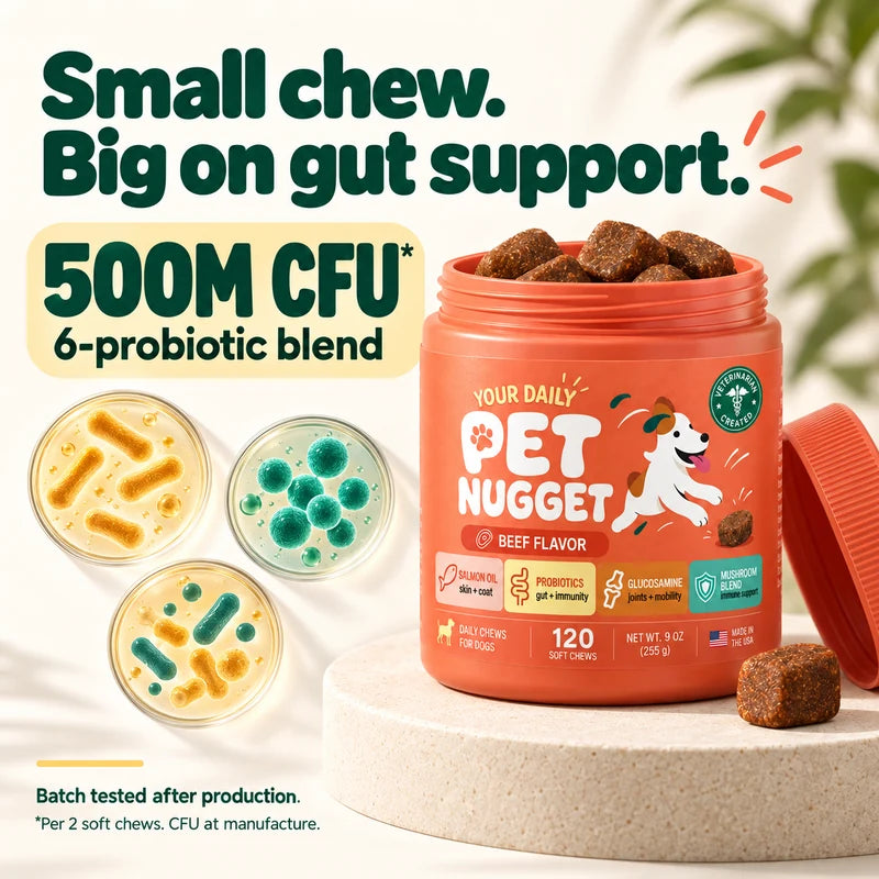 PetNugget jar and conceptual probiotic illustration: 500 million CFU, six-probiotic blend, batch tested after production.