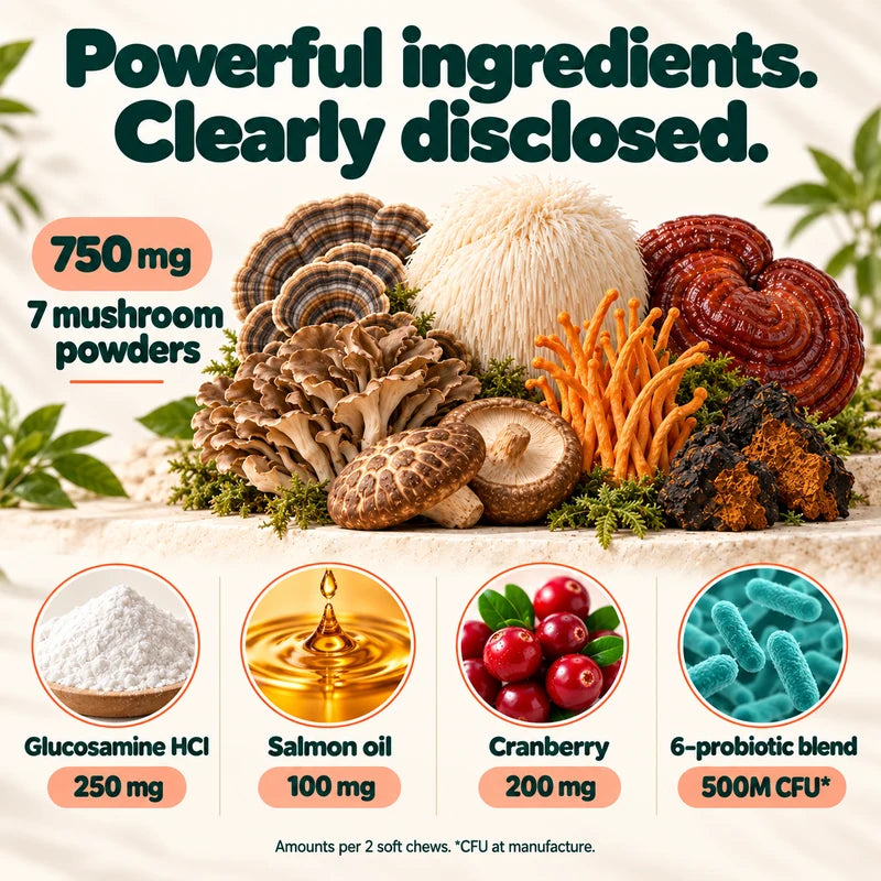 Seven mushroom powders, glucosamine HCl, salmon oil, cranberry, and a six-probiotic blend with their labeled amounts per two chews.