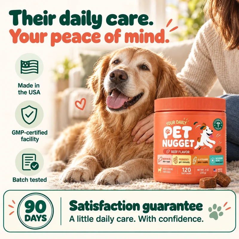 A dog relaxing beside its owner and a PetNugget jar, with USA manufacturing, GMP-certified facility, batch testing, and a 90-day satisfaction guarantee.